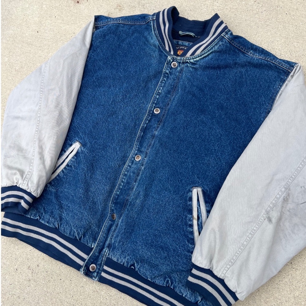 Vintage Route 66 Denim Varsity Jacket XL Blue Gray Quilted Bomber 90s Streetwear